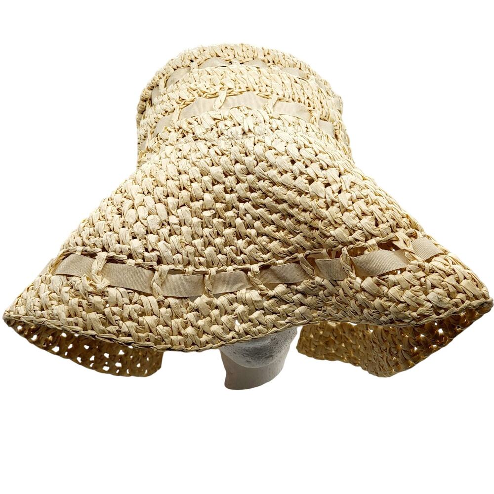 Ann Taylor LOFT Tan 100% Paper Woven Floppy Hat Sun Hat with Ribbon Detail Chic